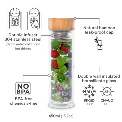 English-language technical data sheet for the glass bottle with infuser