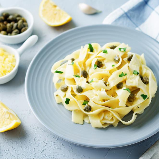 Tagliatelle with lemon and capers, grated carrots