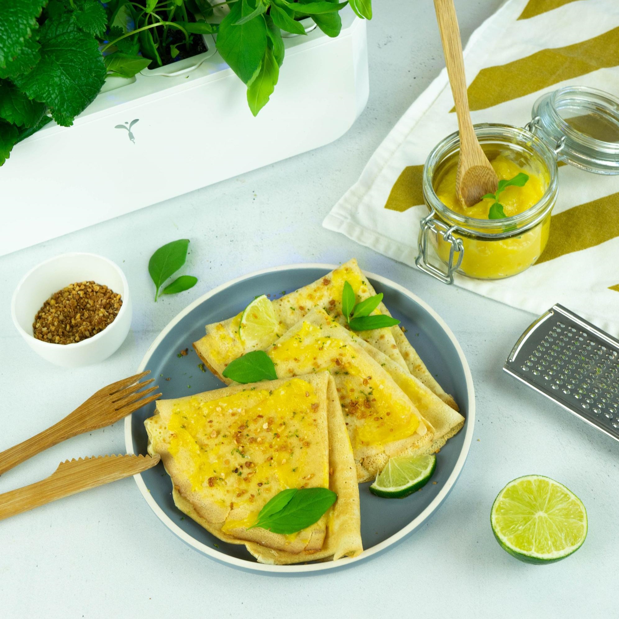 Pancakes with lemon cream and lemon basil